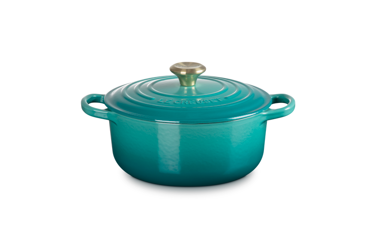 Cocotte rotonda Evolution in ghisa vetrificata 20cm Blu Riviera con Pomolo Oro