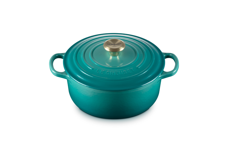 Cocotte rotonda Evolution in ghisa vetrificata 20cm Blu Riviera con Pomolo Oro