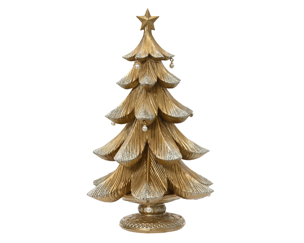 Albero Pino Oro con Perle H 24 cm - Mini Albero Natalizio in Poliresina Kaemingk