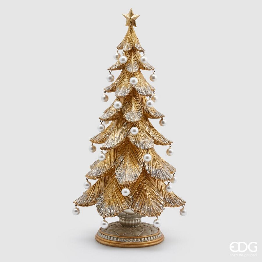 Pino Dorato con Perle e Glitter H 46 cm - Centrotavola Natalizio in Resina su Base Decorata - EDG