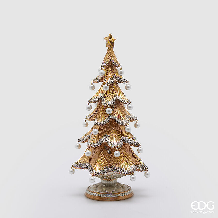 Pino Poly con Perle H 36 cm D 19 cm Oro Argento - Albero Natalizio da Tavolo in Resina EDG