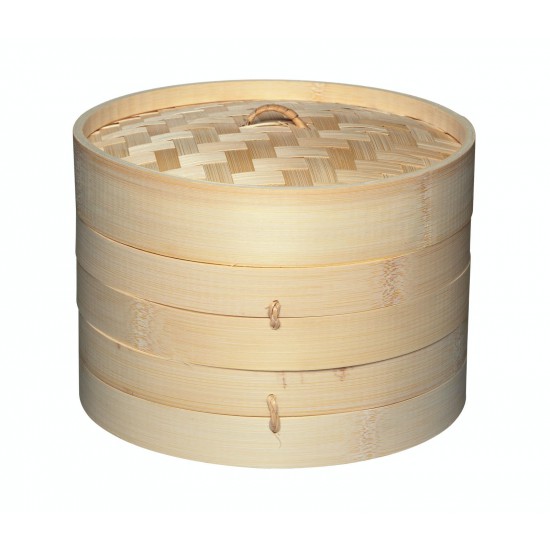 Pentola a vapore orientale media a due livelli in bambù e coperchio